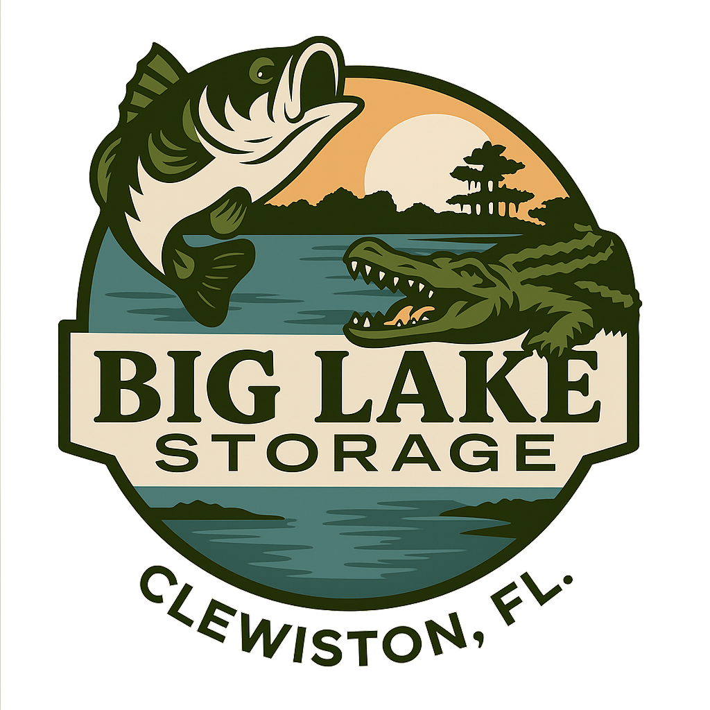 Big Lake Storage logo: largemouth bass and alligator on a Lake Okeechobee sunset